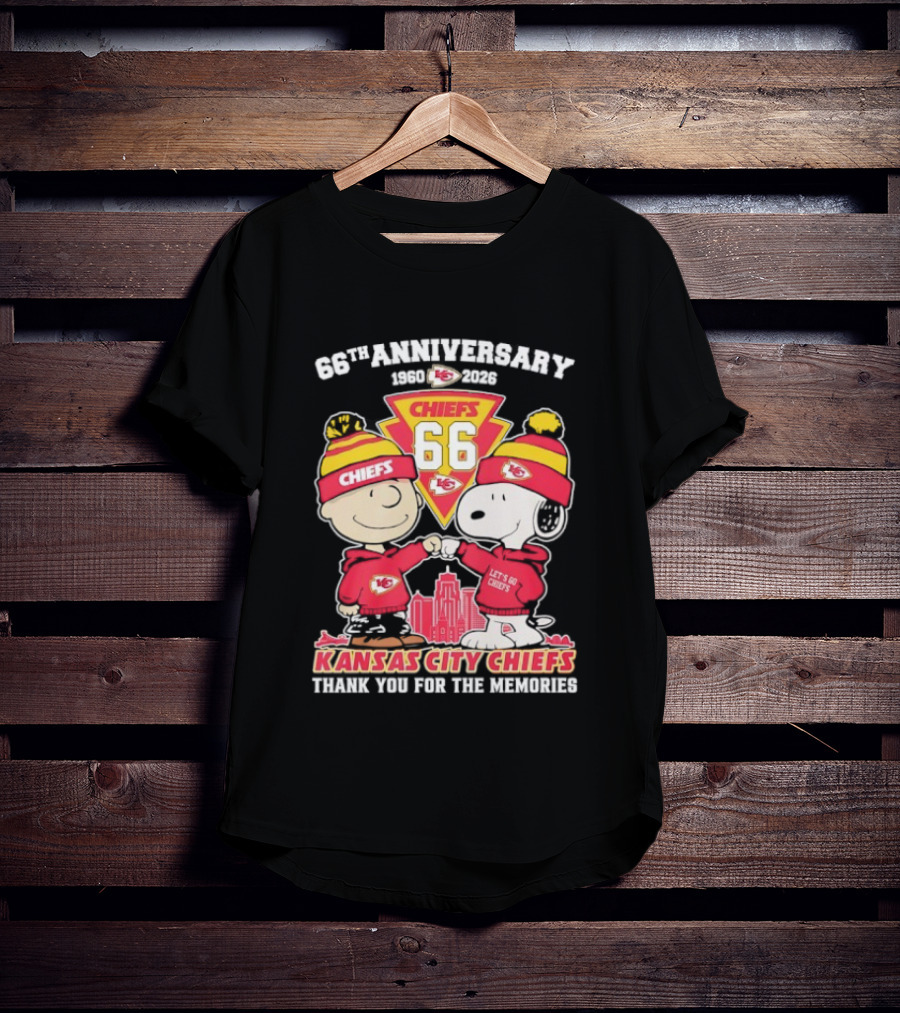 Kansas City Chiefs 66th Anniversary With Snoopy And Charlie Brown 1960-2026 T-Shirt