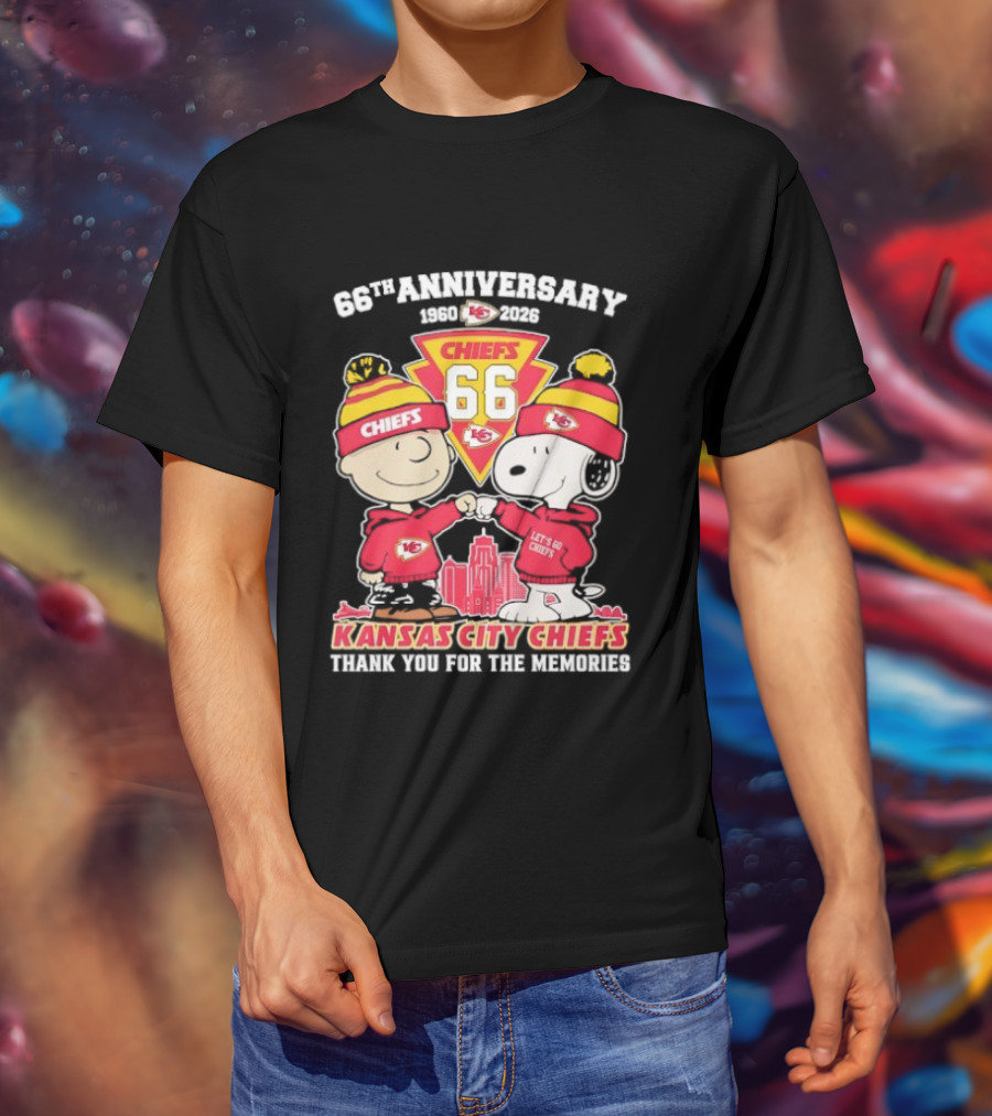 Kansas City Chiefs 66th Anniversary With Snoopy And Charlie Brown 1960-2026 T-Shirt