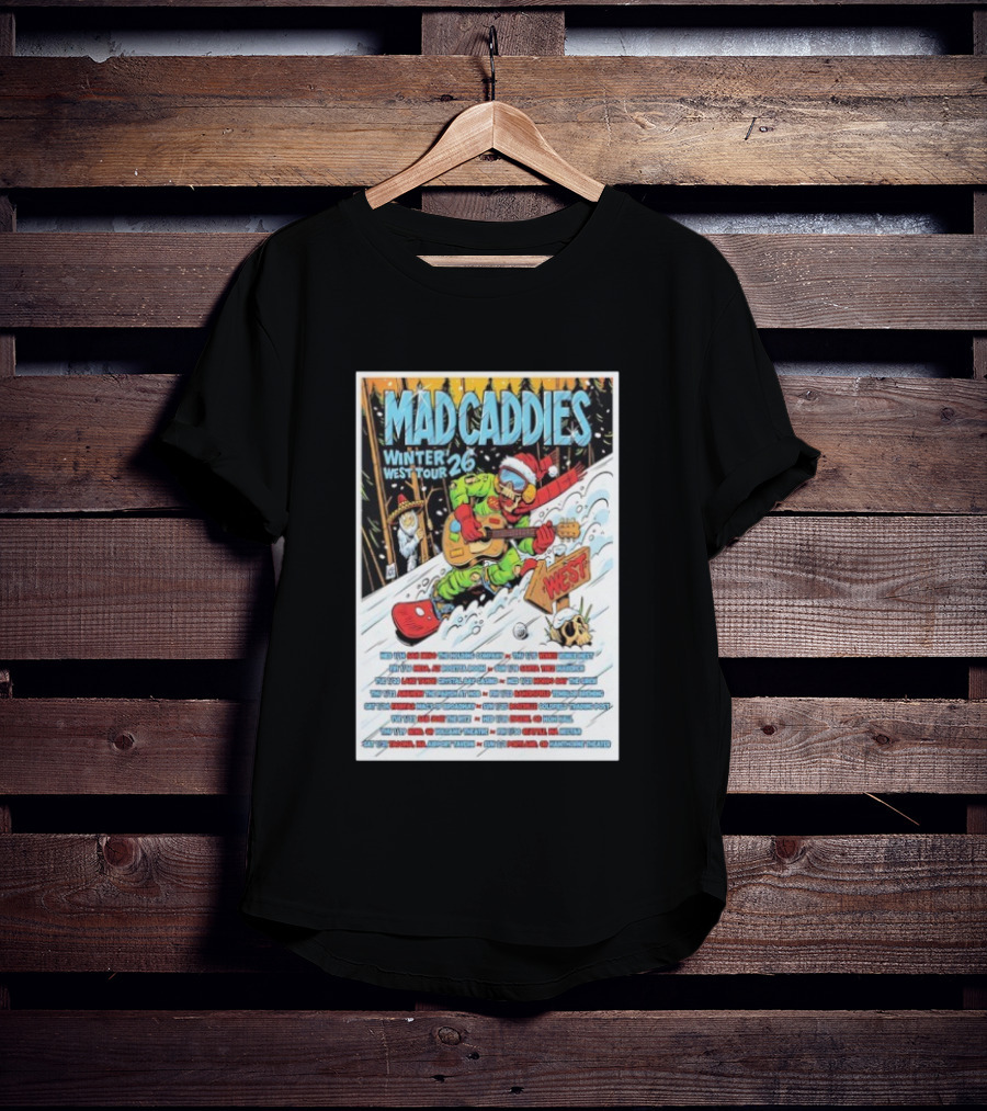 Mad Caddies Winter West Tour 26 Snowboarding Santa Skeleton Guitarist T-Shirt