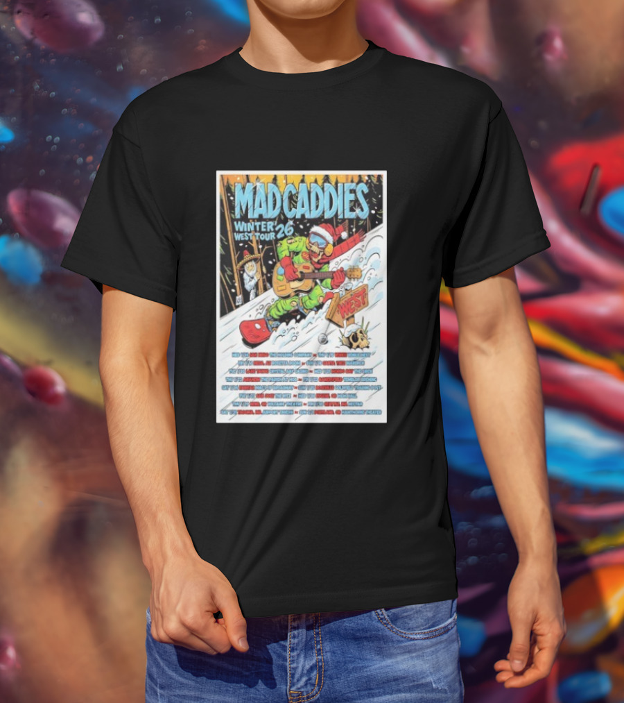 Mad Caddies Winter West Tour 26 Snowboarding Santa Skeleton Guitarist T-Shirt