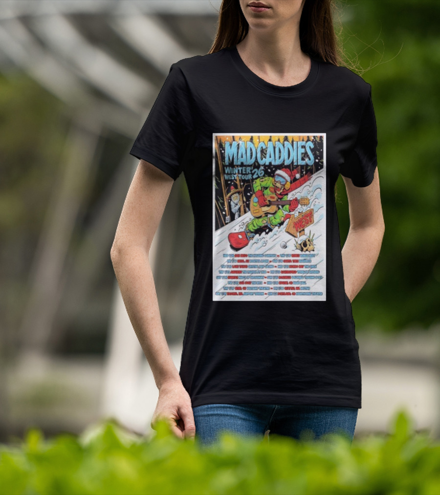Mad Caddies Winter West Tour 26 Snowboarding Santa Skeleton Guitarist T-Shirt