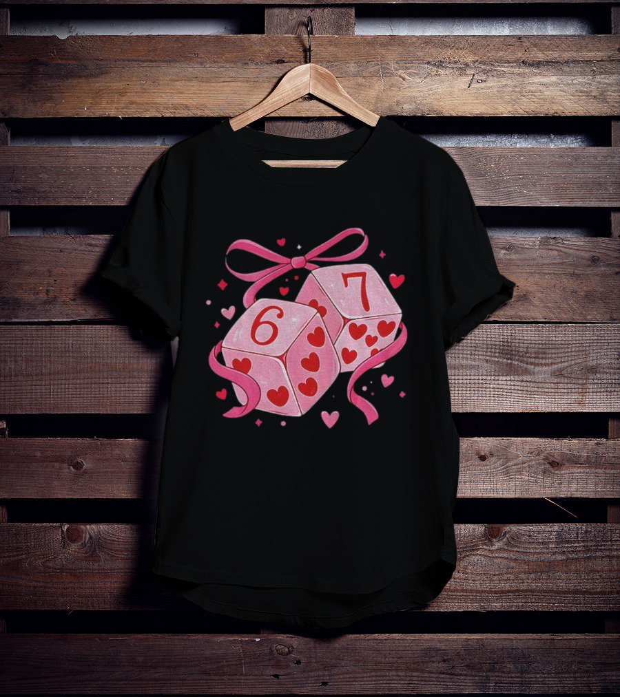Preppy Valentine Pink Heart Dice 67 Bow Ribbon T-Shirt