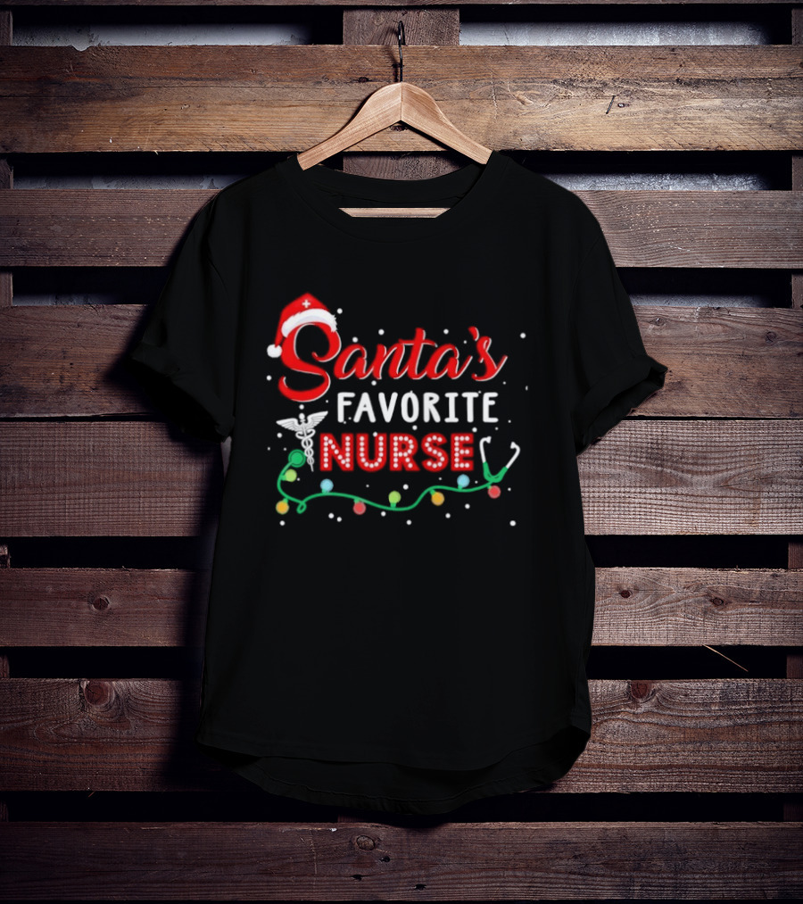 Santa's Favorite Nurse Christmas With Santa Hat And Stethoscope T-Shirt