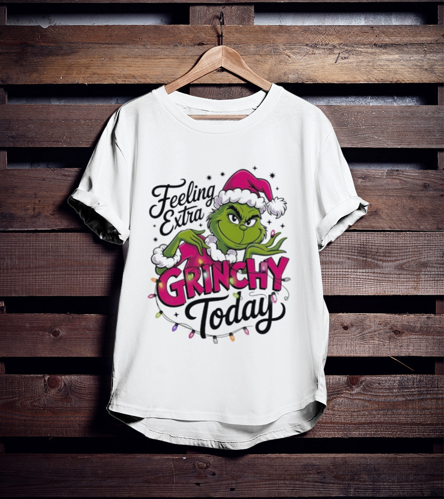 Feeling Extra Grinchy Today Green Character In Santa Hat With Lights T-Shirt