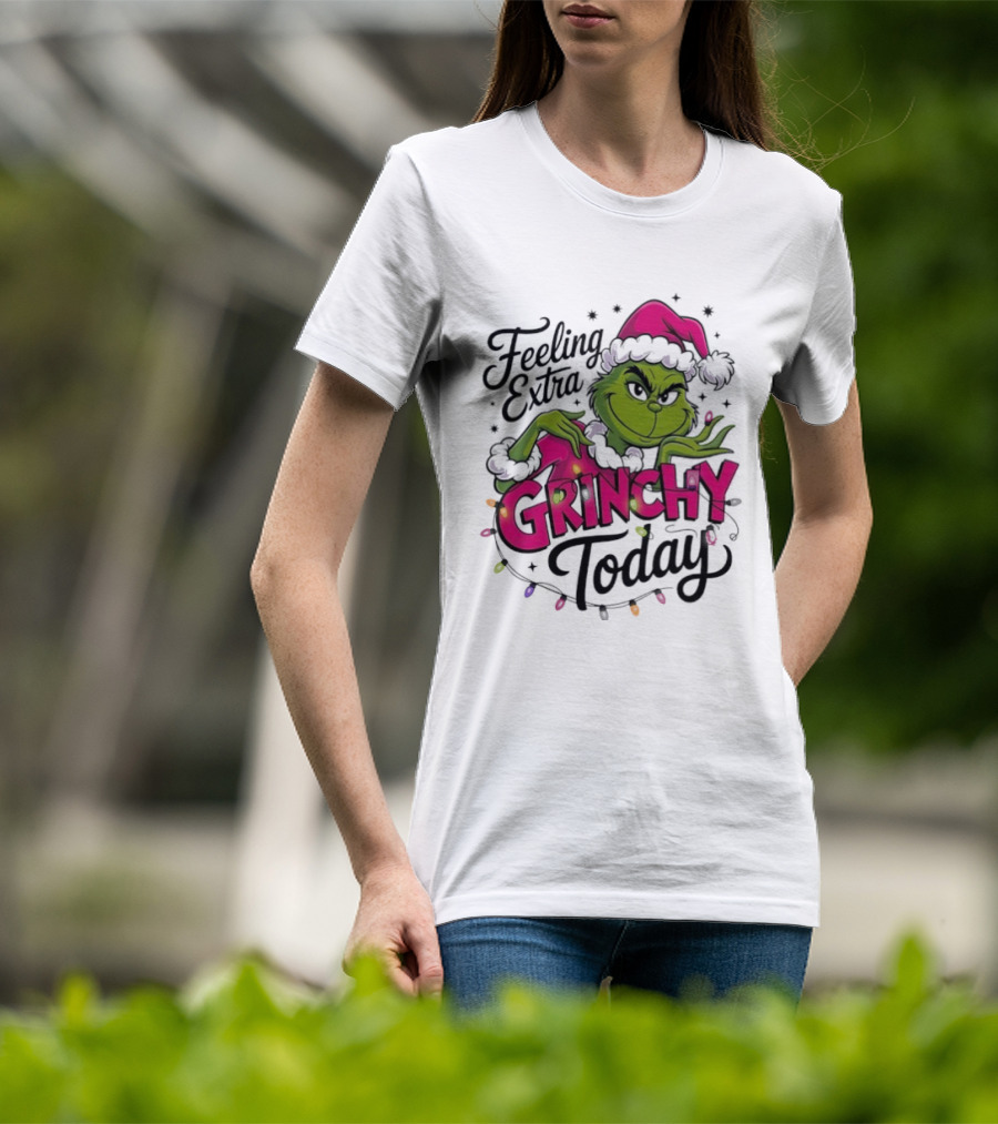 Feeling Extra Grinchy Today Green Character In Santa Hat With Lights T-Shirt