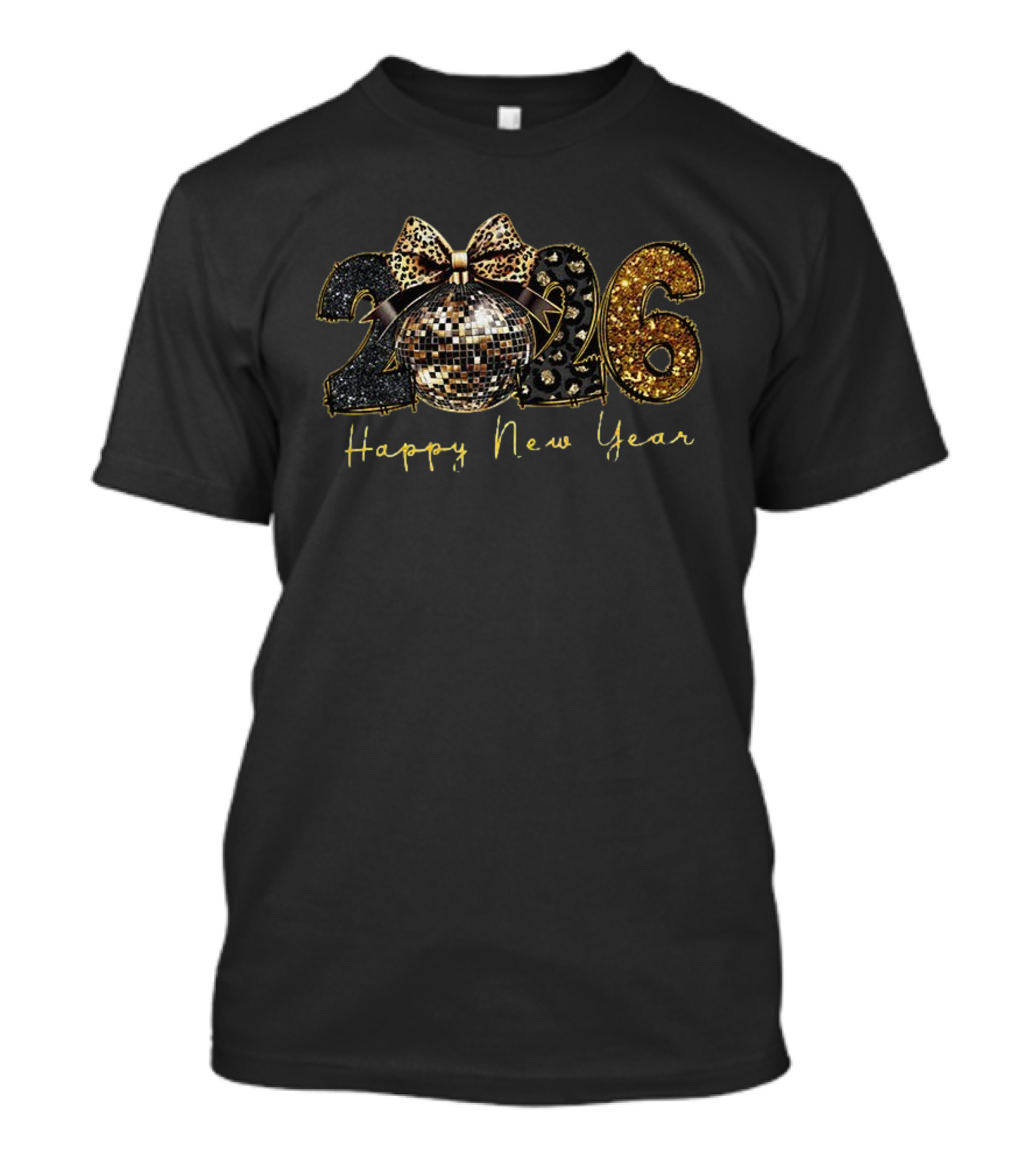 2026 Black Gold Disco Ball Leopard Print Happy New Year T-Shirt