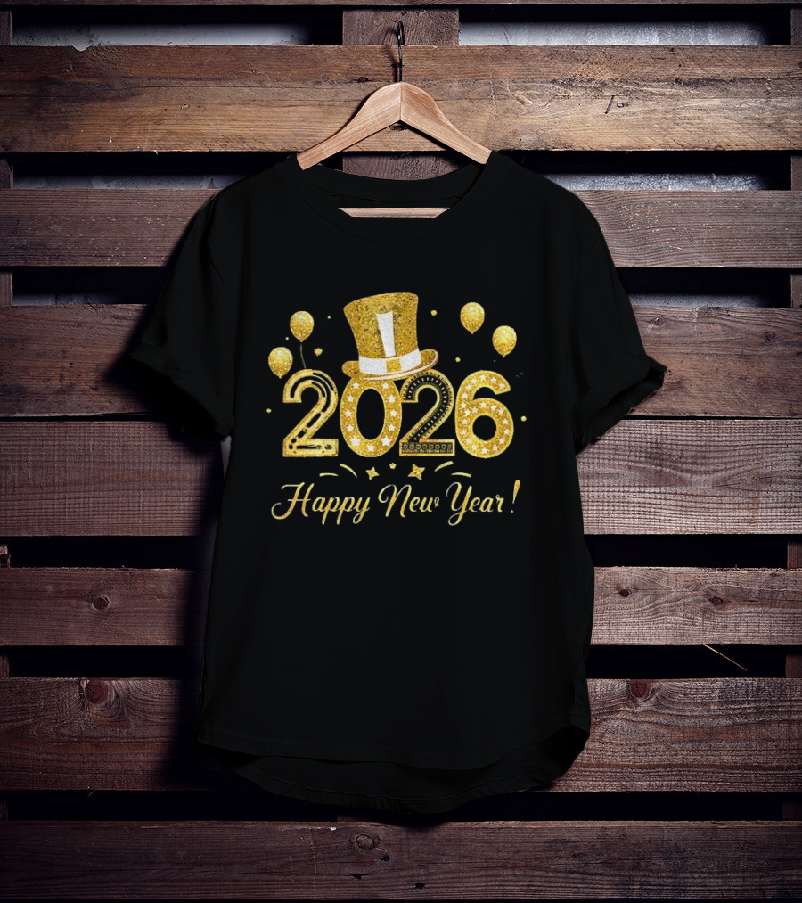 2026 Gold Glitter Balloons And Top Hat Happy New Year Celebration T-Shirt