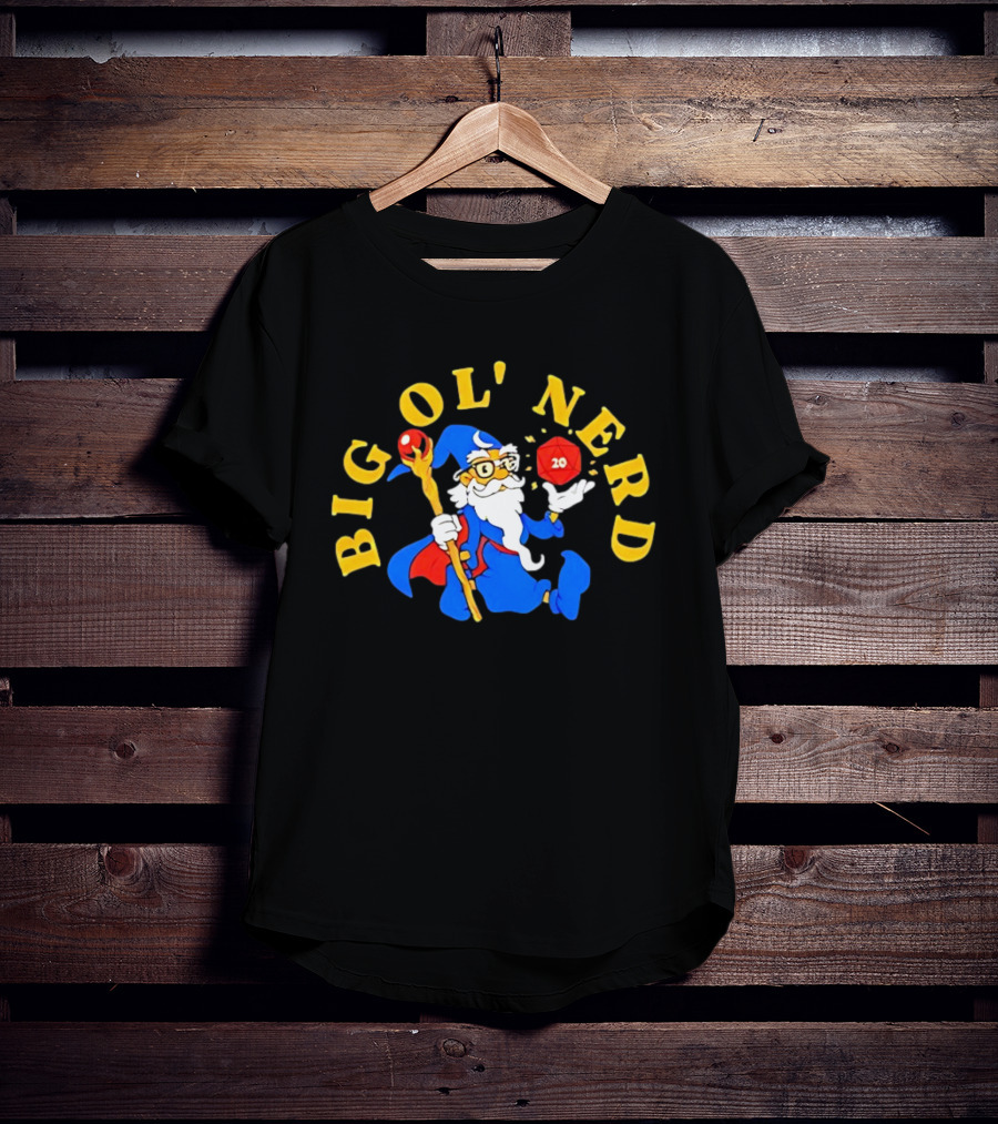 Big Ol Nerd Wizard Holding D20 Dice Staff Glasses Blue Robe Red Cape T-Shirt