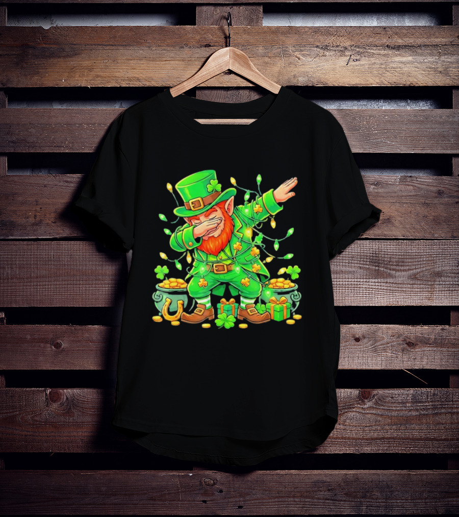 Dabbing Leprechaun St Patricks Day Lights Gold Pot Clover T-Shirt