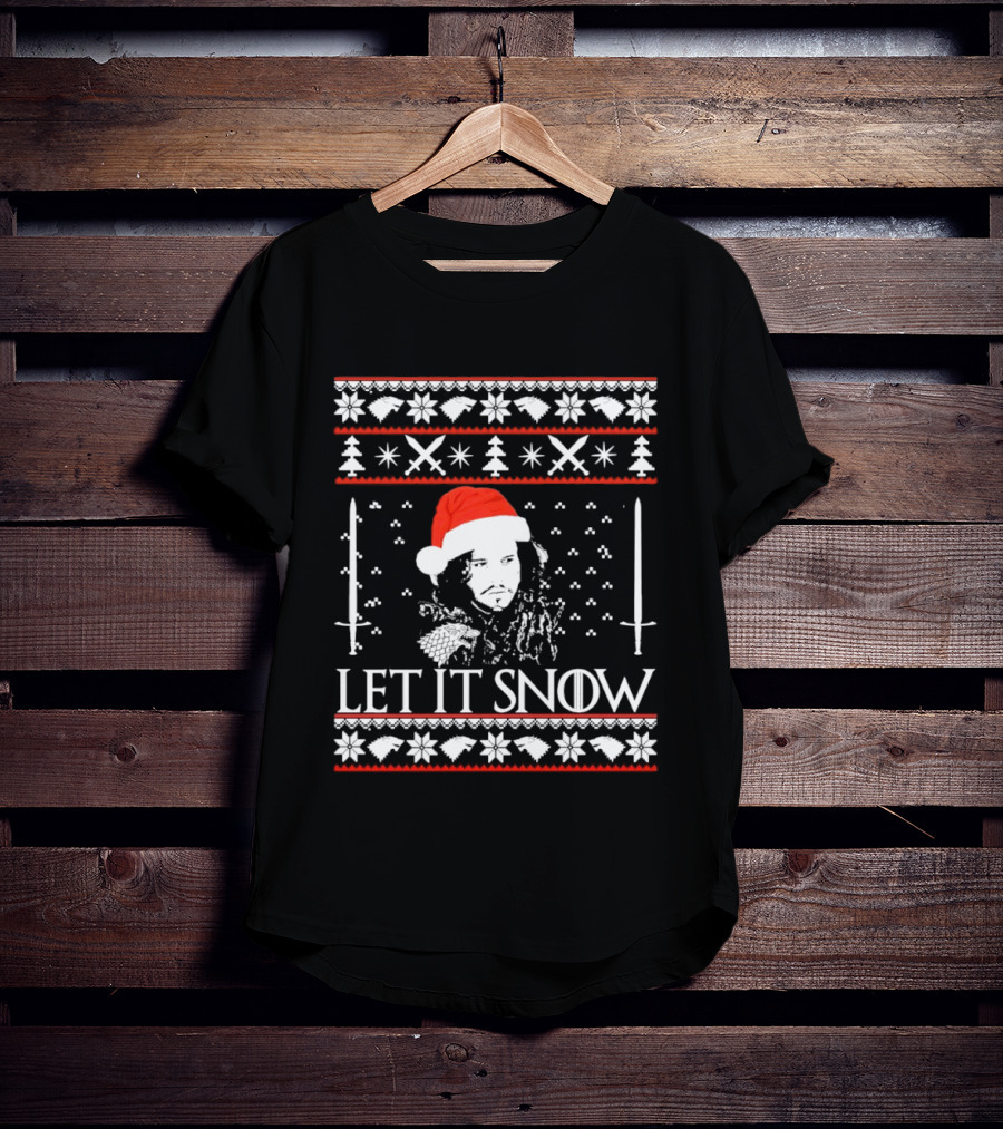 Let It Snow Christmas Ugly Sweater Santa Hat Swords Snowflakes Trees T-Shirt