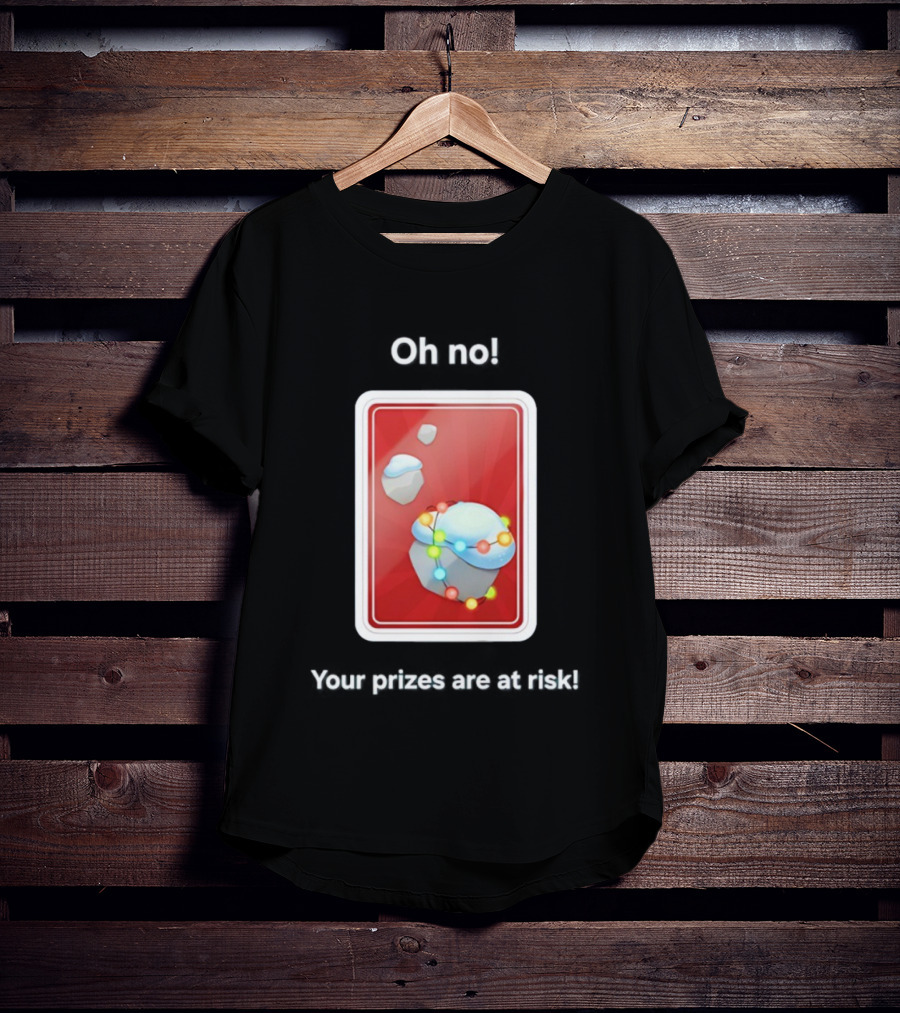 Oh No Your Prizes Are At Risk Christmas Card With Snowy Rocks And Colorful String Lights T-Shirt