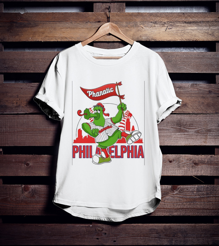 Phillie Phanatic Philadelphia Phillies Mascot Dancing With Skyline And Flag T-Shirt