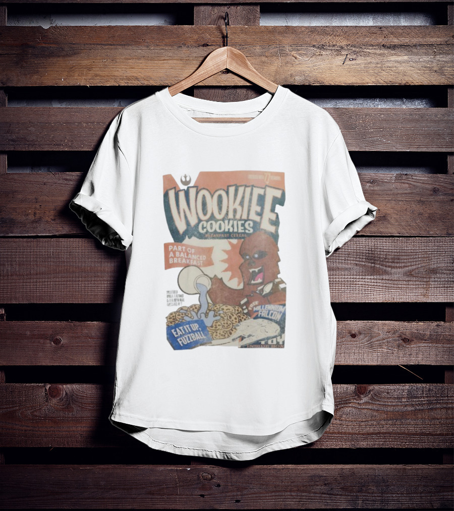 Wookiee Cookies Breakfast Cereal Eat It Up Fuzzball Free Millennium Falcon T-Shirt