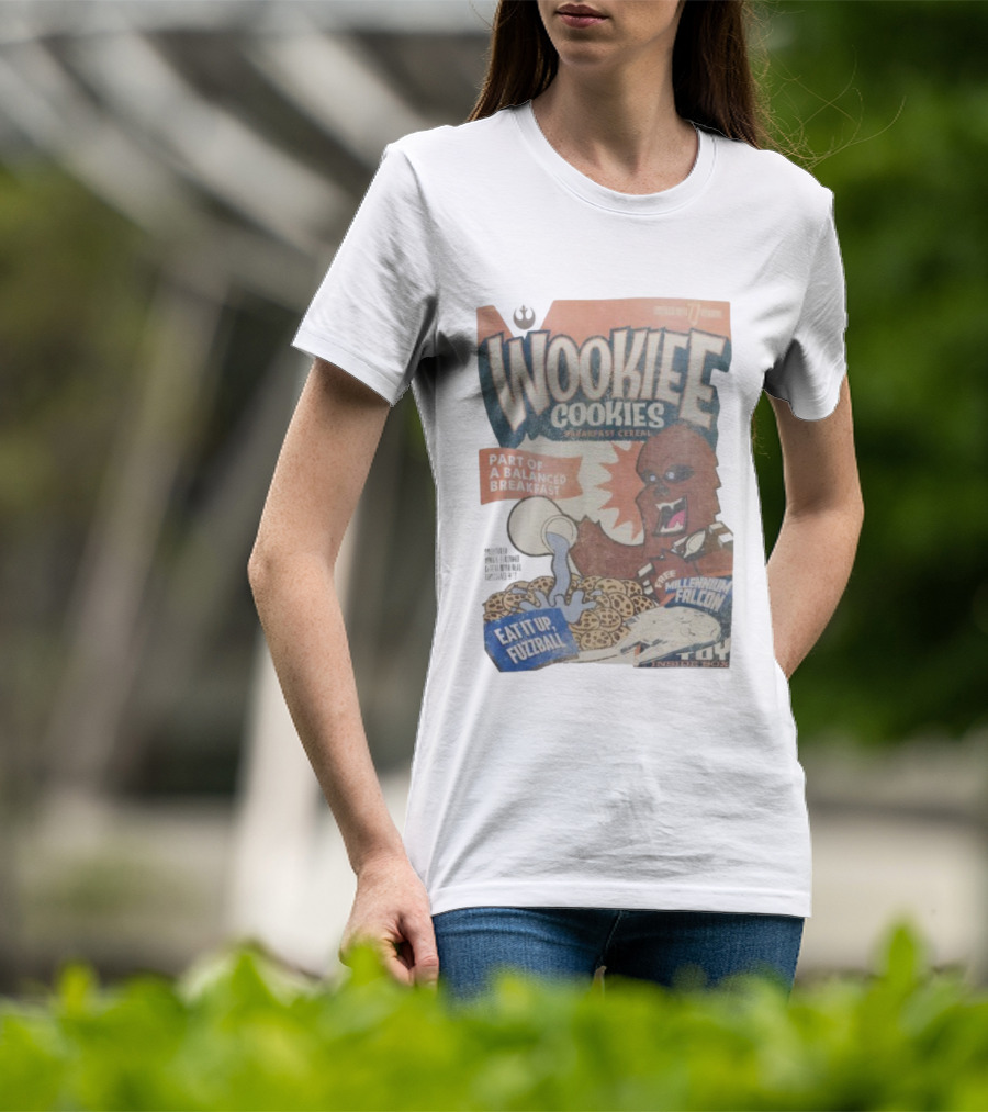 Wookiee Cookies Breakfast Cereal Eat It Up Fuzzball Free Millennium Falcon T-Shirt