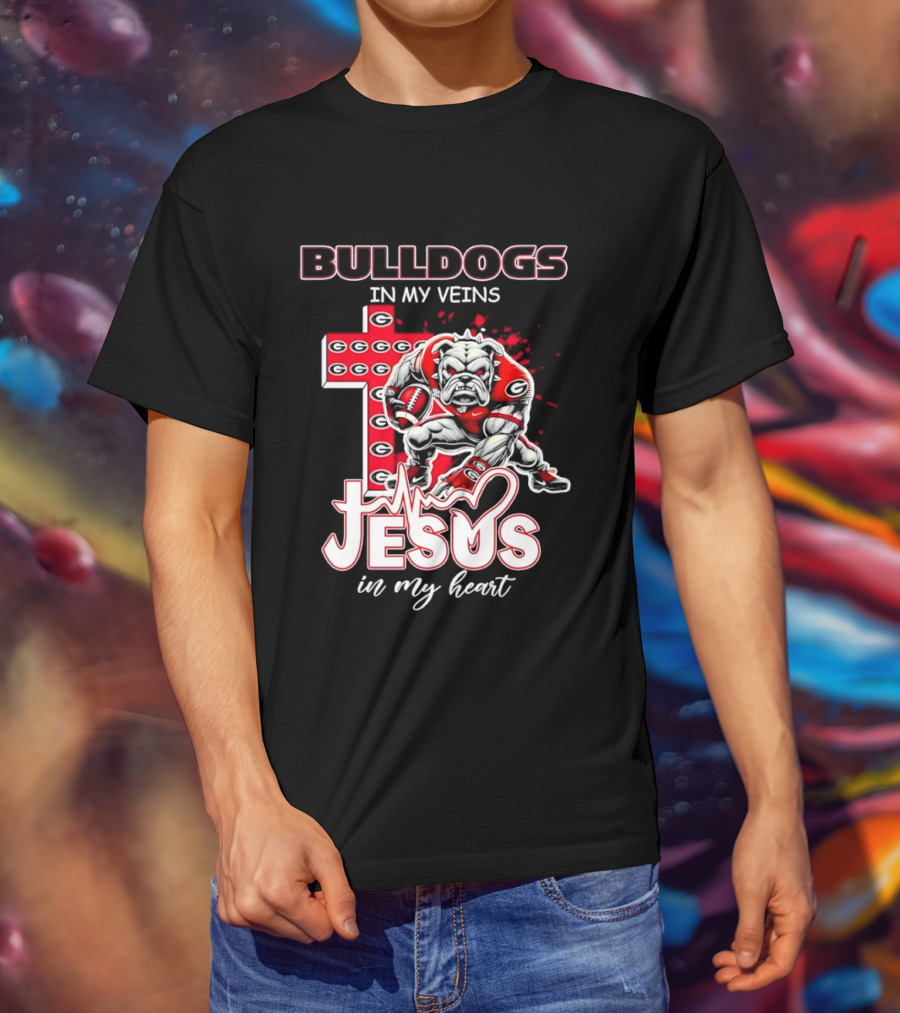 Bulldogs In My Veins Jesus In My Heart Cross Shape T-Shirt