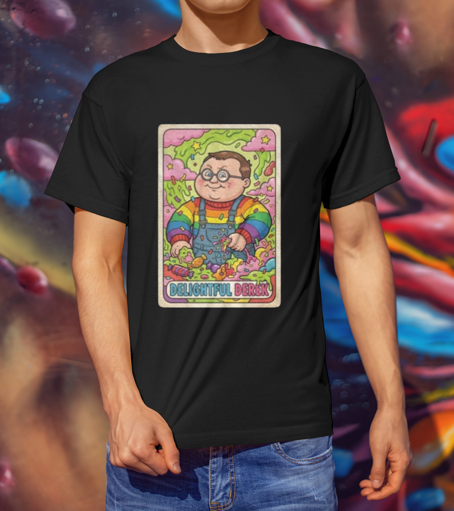 Delightful Derek Rainbow Cartoon Character In Vibrant 80s T-Shirt