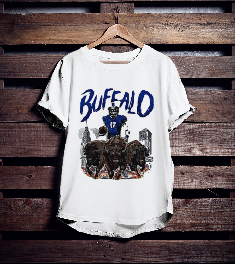 Buffalo Football Skeleton 17 With Charging Bison And City Skyline T-Shirt