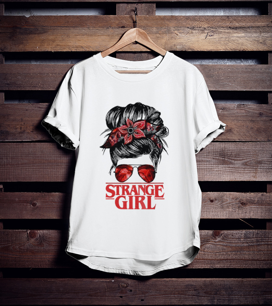 Strange Girl Red Floral Hair Scarf Messy Bun T-Shirt
