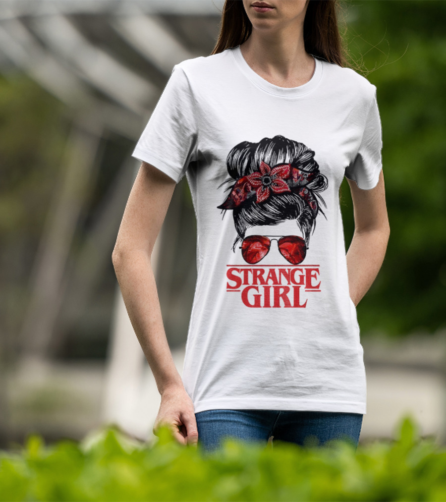 Strange Girl Red Floral Hair Scarf Messy Bun T-Shirt