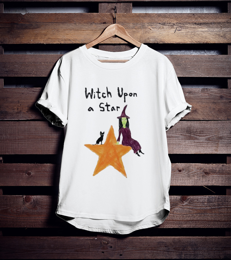 Witch Upon A Star Green Witch Purple Hat Orange Star Black Cat T-Shirt