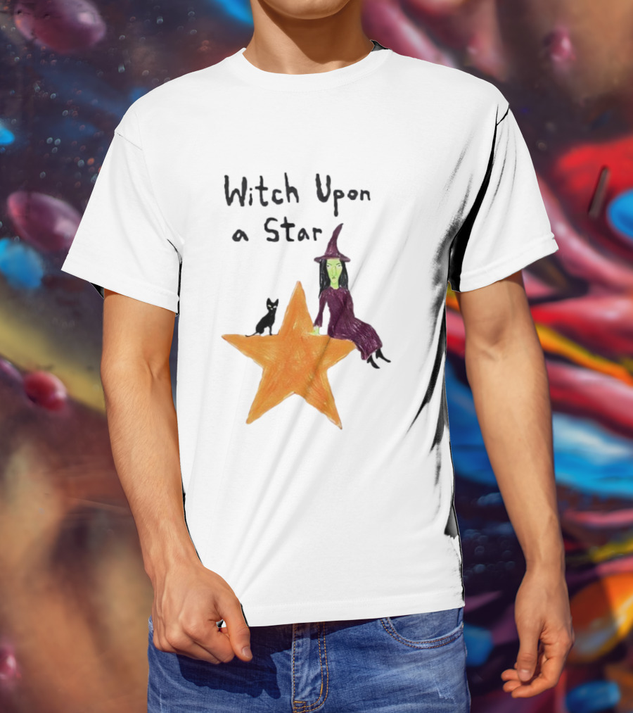 Witch Upon A Star Green Witch Purple Hat Orange Star Black Cat T-Shirt