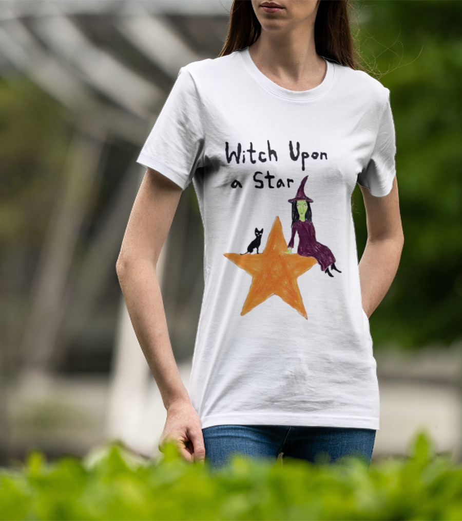 Witch Upon A Star Green Witch Purple Hat Orange Star Black Cat T-Shirt