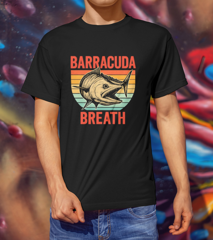 Barracuda Breath Funny Fishing Retro Vintage Stripes T-Shirt