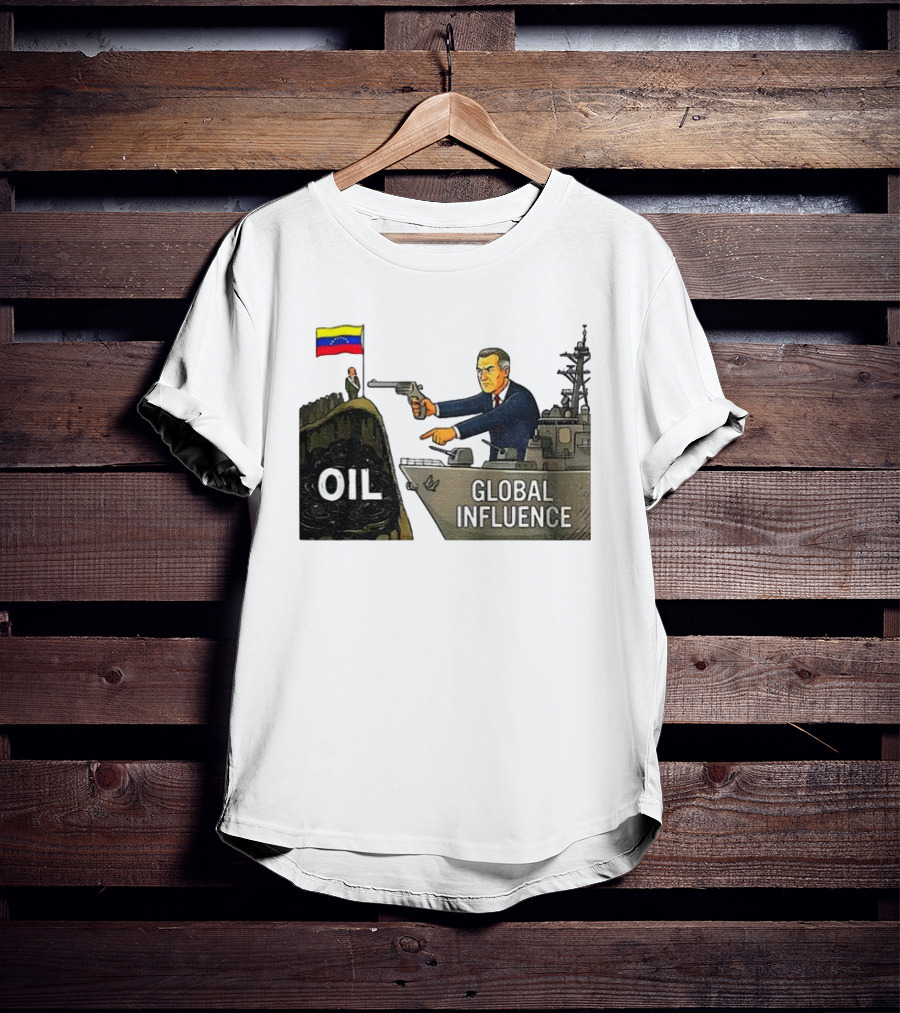 USA Venezuela Oil Conflict Political Satire Global Influence Cartoon Flags Gun Ship T-Shirt