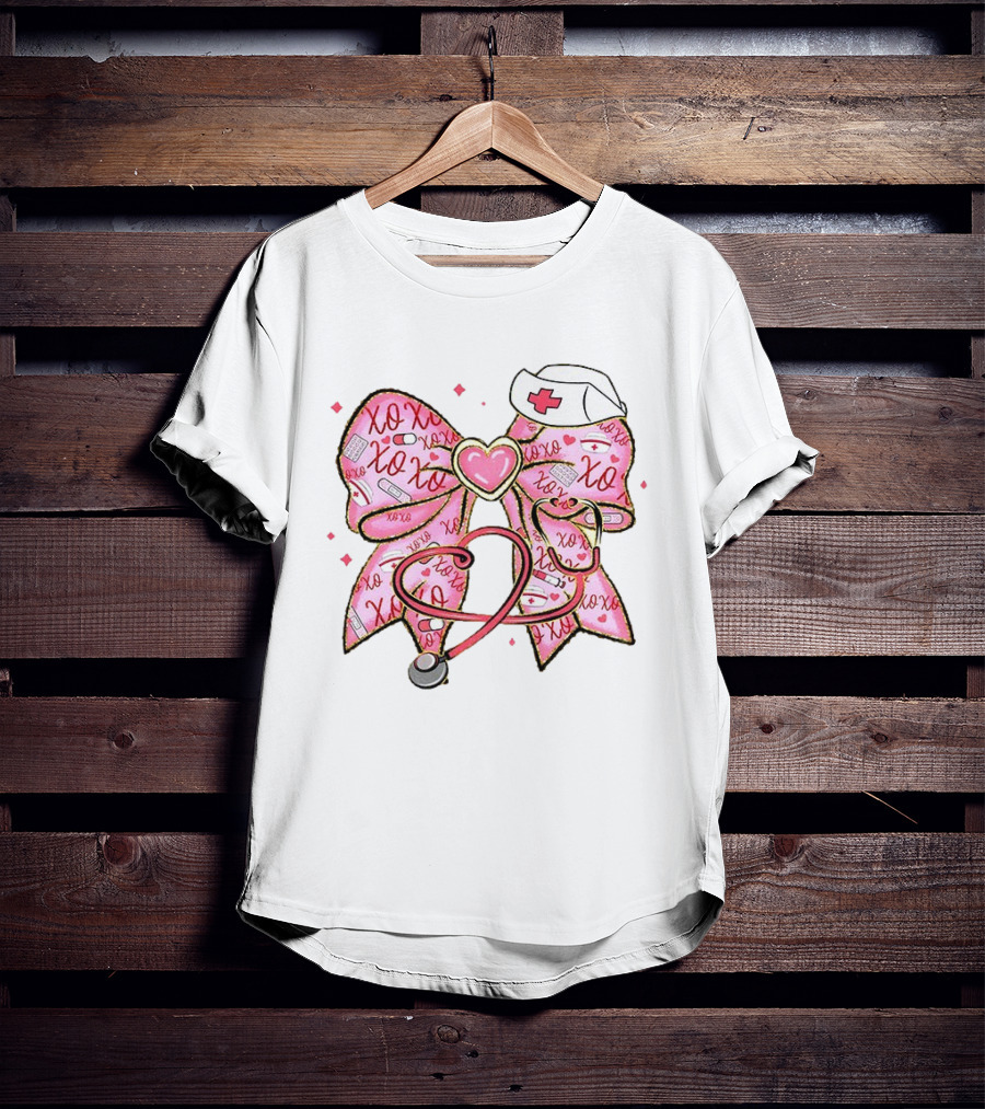 Valentine Nurse XOXO Heart Bow And Stethoscope T-Shirt