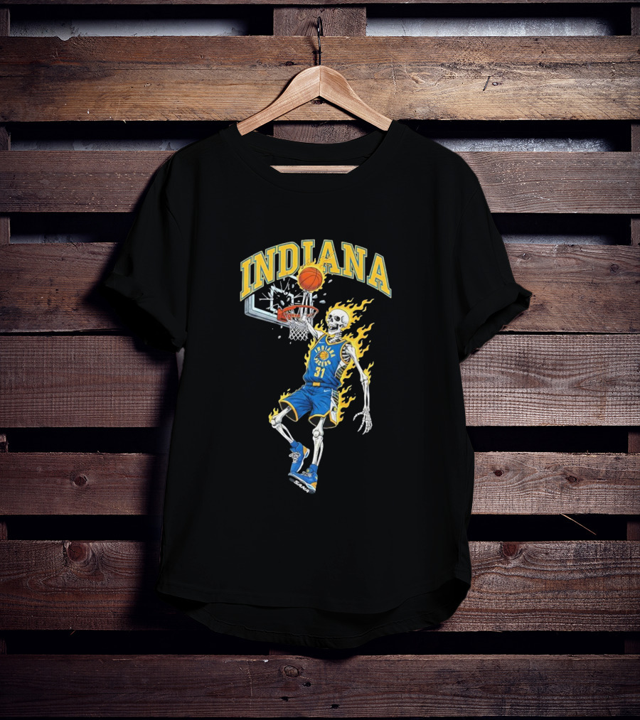 Indiana Pacers Skeleton Basketball Dunk In Flames T-Shirt
