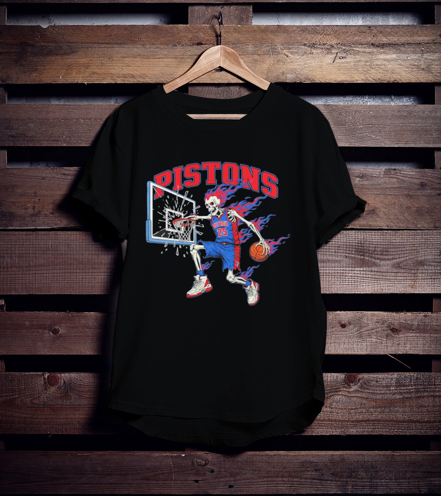 Detroit Pistons Skeleton Basketball Player With Flame Hair Dunking T-Shirt