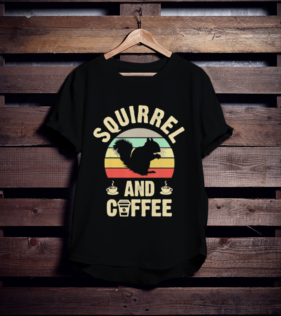 Squirrel And Coffee Retro Sunset Silhouette With Cups And Takeaway T-Shirt