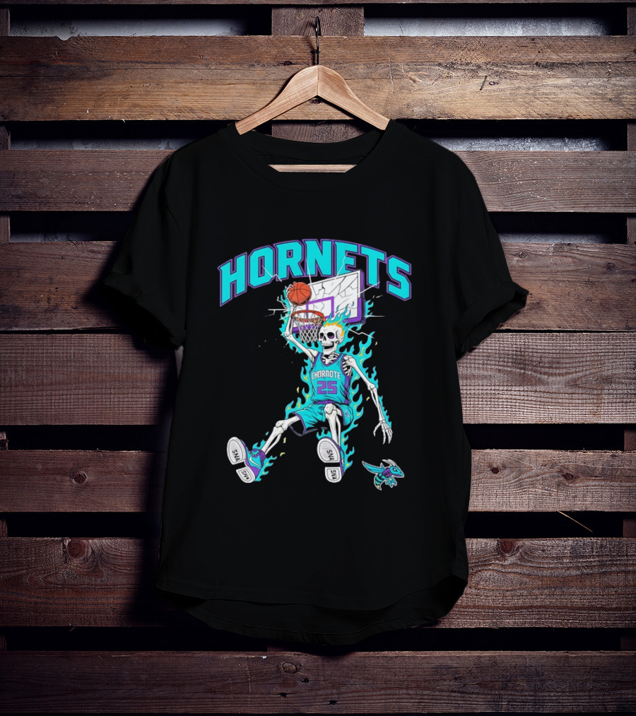 Charlotte Hornets Skeleton Dunking Basketball Retro Style Flame T-Shirt
