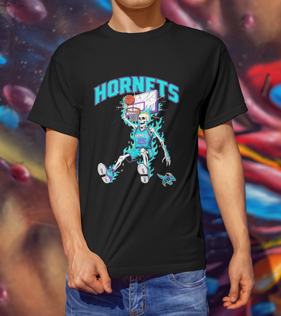Charlotte Hornets Skeleton Dunking Basketball Retro Style Flame T-Shirt