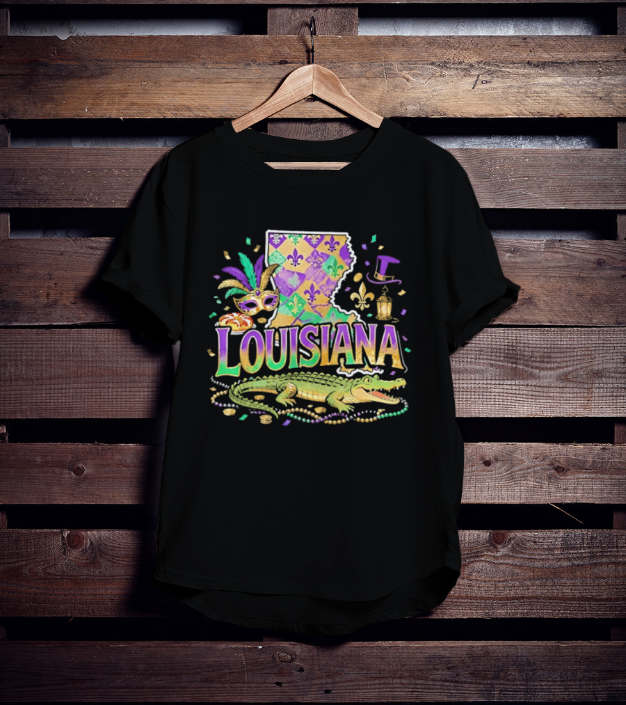 Louisiana Mardi Gras Alligator Carnival Mask Beads Fleur De Lis Lantern T-Shirt