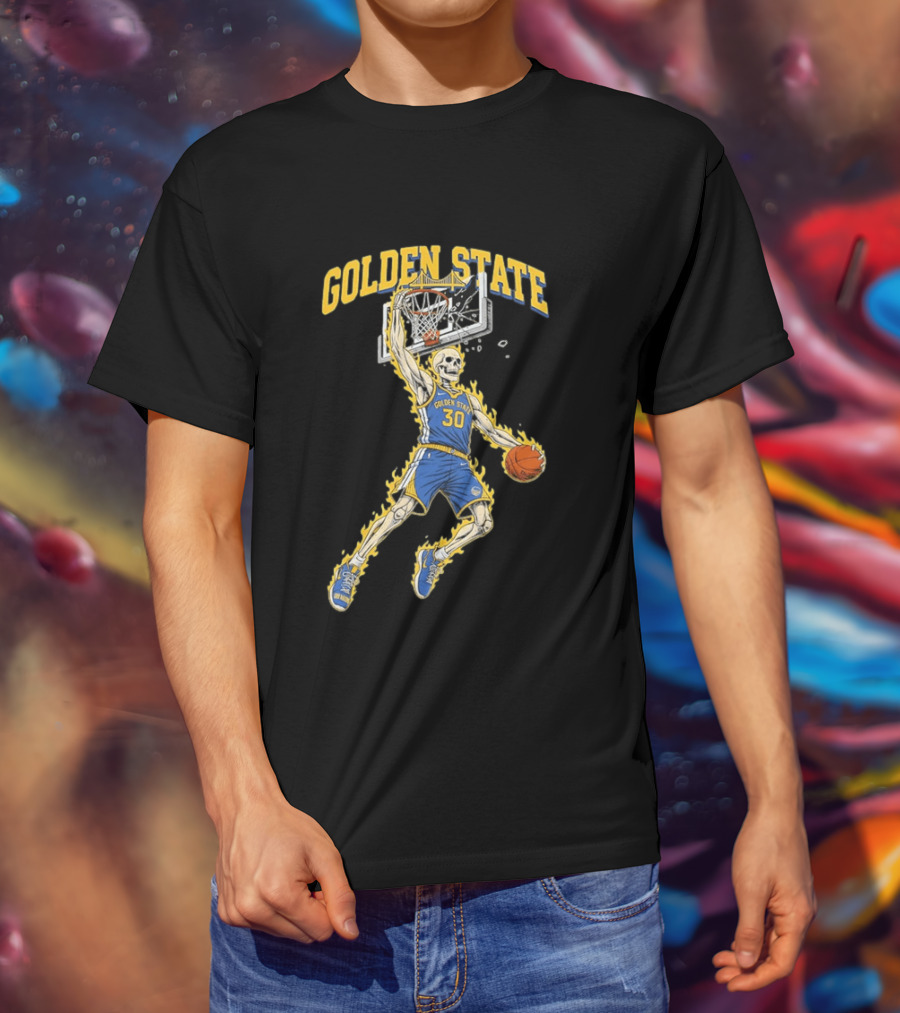 Golden State Warriors Basketball Skeleton Player Slam Dunk Fire T-Shirt