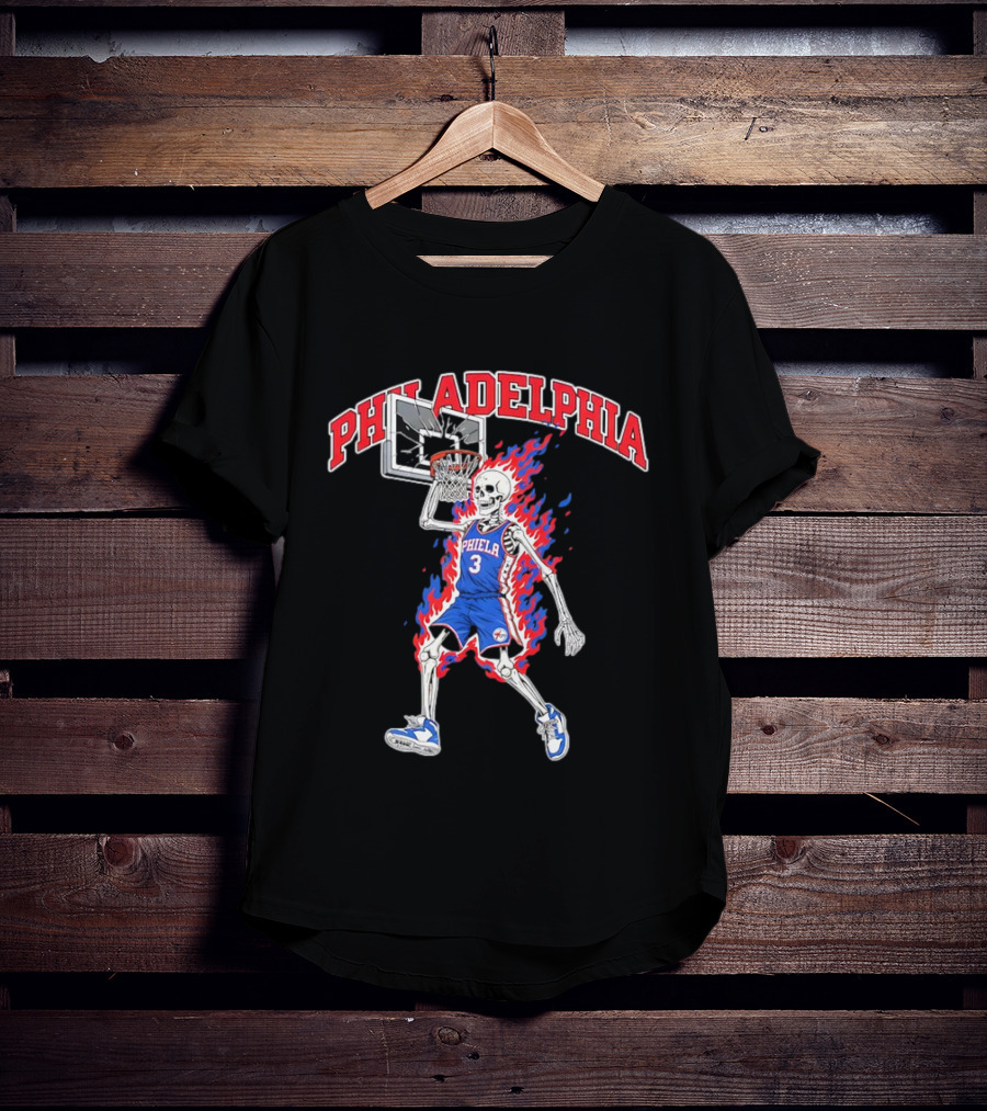 Philadelphia 76ers Skeleton Dunking Basketball Player In Flames T-Shirt