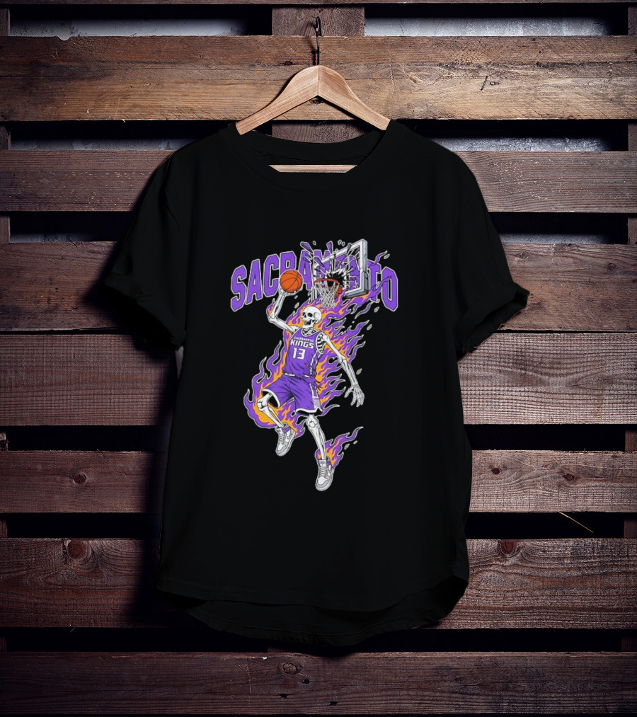 Sacramento Kings Skeleton Basketball Player Flames Sports Team T-Shirt