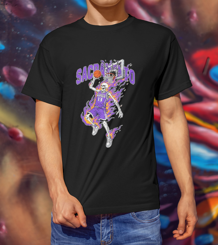 Sacramento Kings Skeleton Basketball Player Flames Sports Team T-Shirt