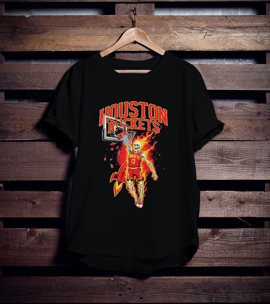 Houston Rockets Basketball Flaming Skeleton Player Dunking T-Shirt