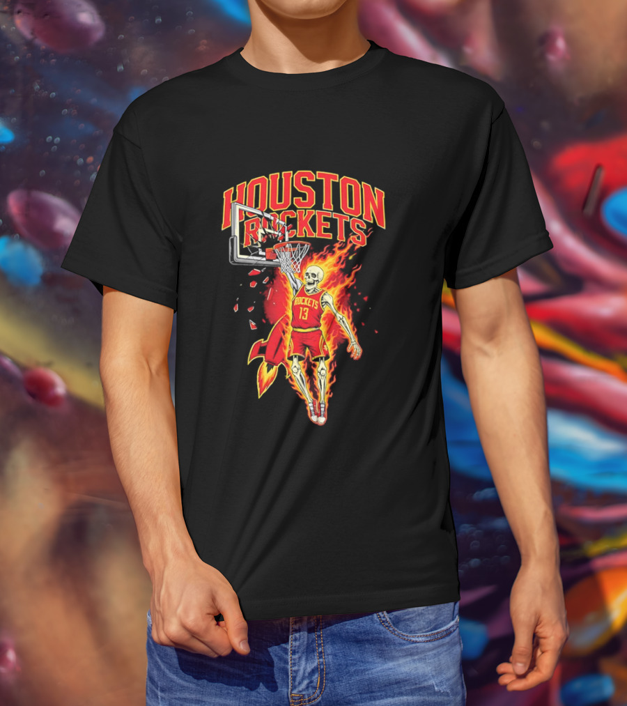 Houston Rockets Basketball Flaming Skeleton Player Dunking T-Shirt