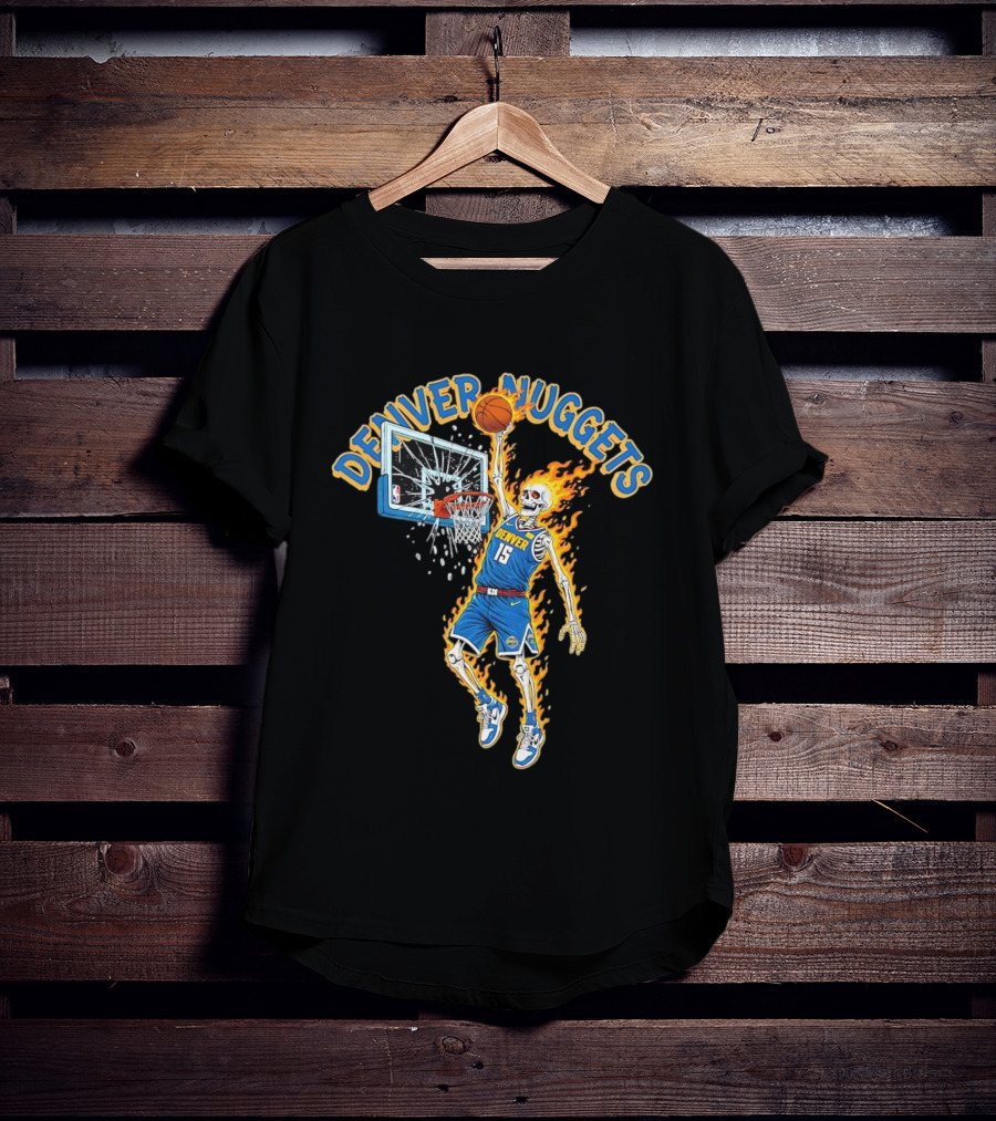 Denver Nuggets Skeleton Player Dunking With Basketball And Fire T-Shirt