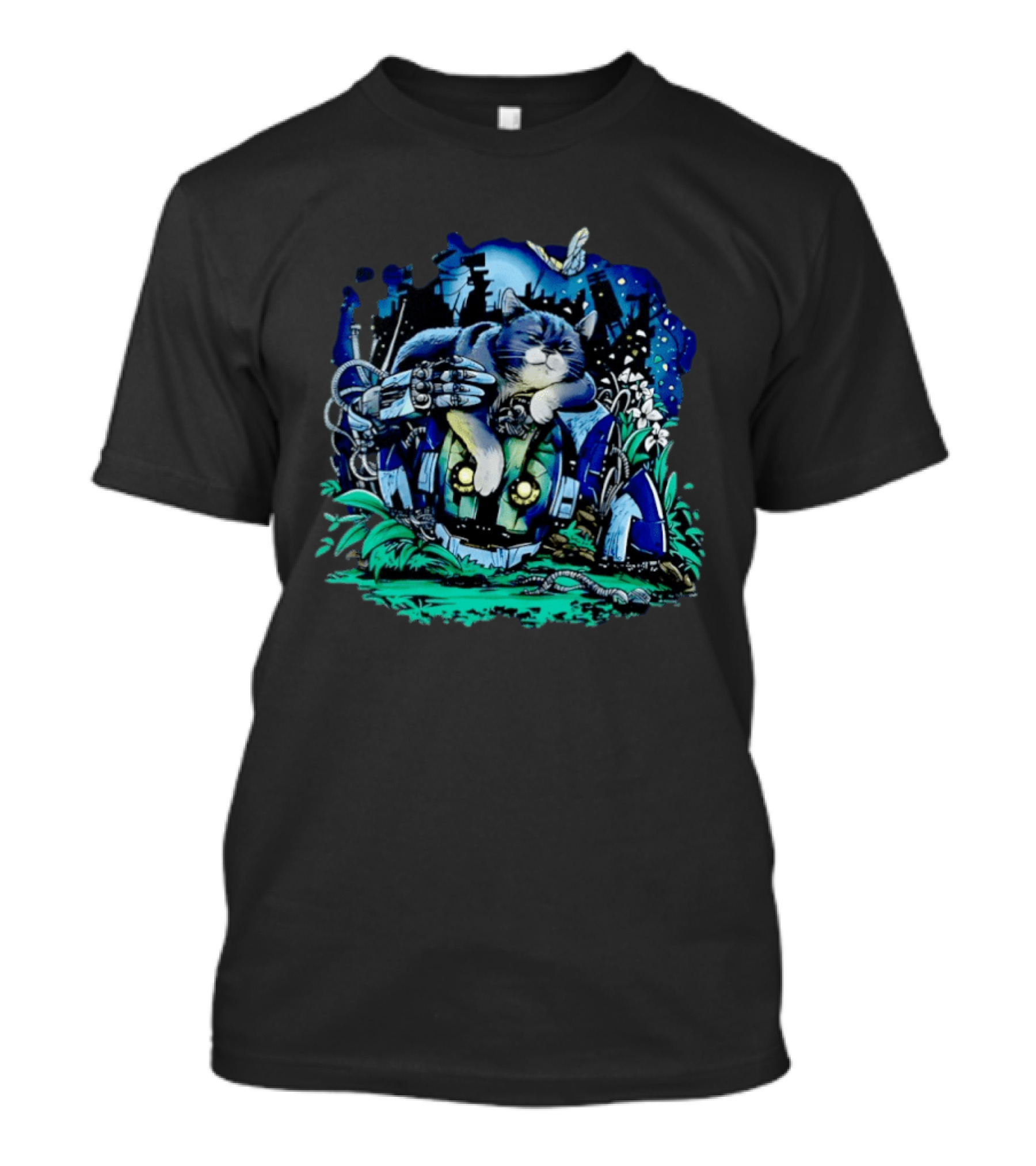 The Cat And The Robot Dystopian Cityscape With Flowers And Stars T-Shirt