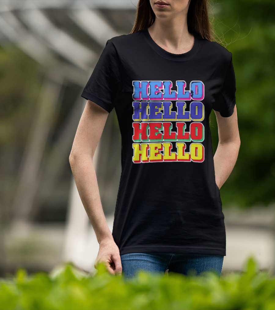 Hello Hello Hello Hello Blue Red Yellow Repeat Bold Pop T-Shirt