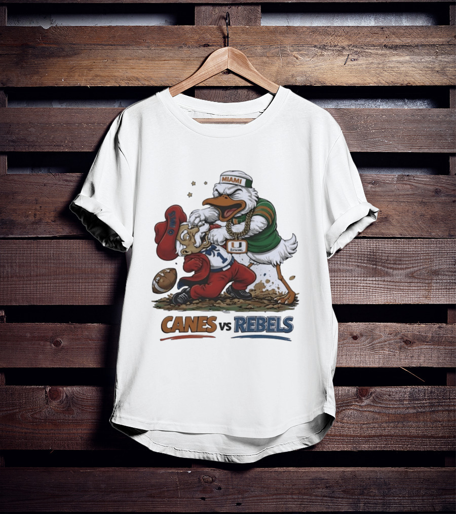 Miami Hurricanes Vs Ole Miss Rebels Mascot Showdown CFP Semifinal Vrbo Fiesta Bowl 2026 T-Shirt
