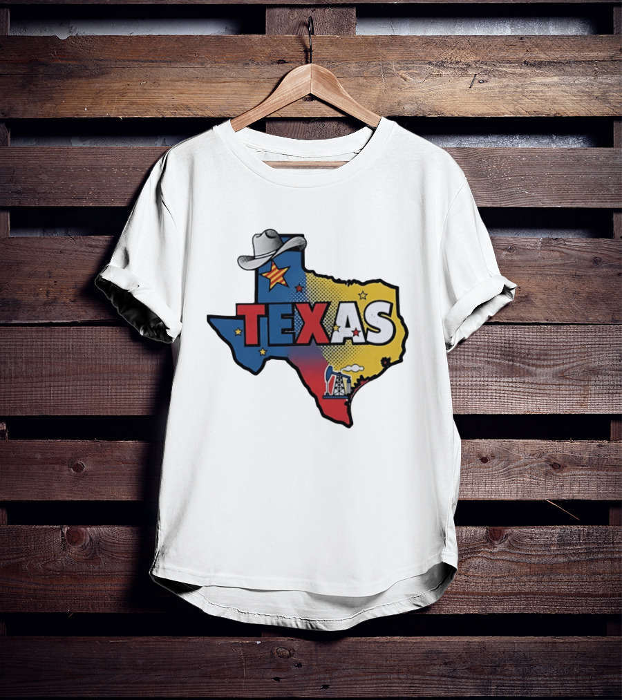 Texas Map Cowboy Hat Star Oil Rig T-Shirt