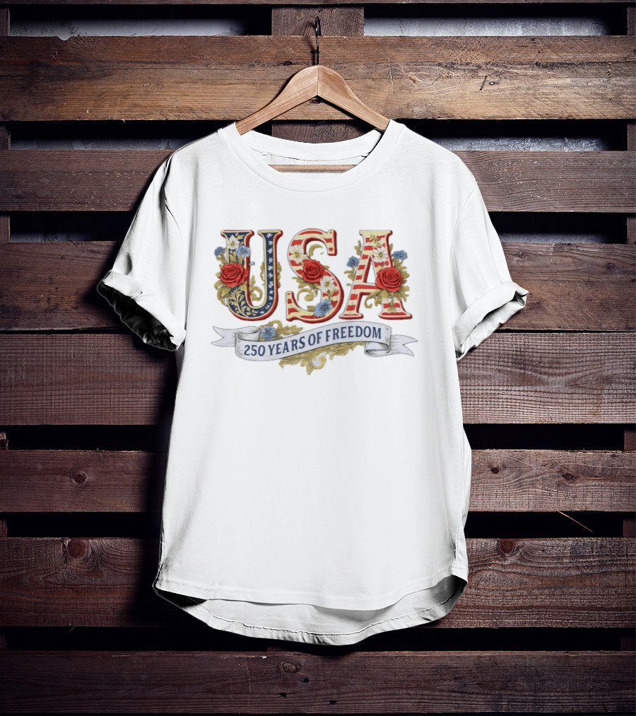 USA Patriotic 250 Years Of Freedom Floral 4th Of July Independence Day T-Shirt