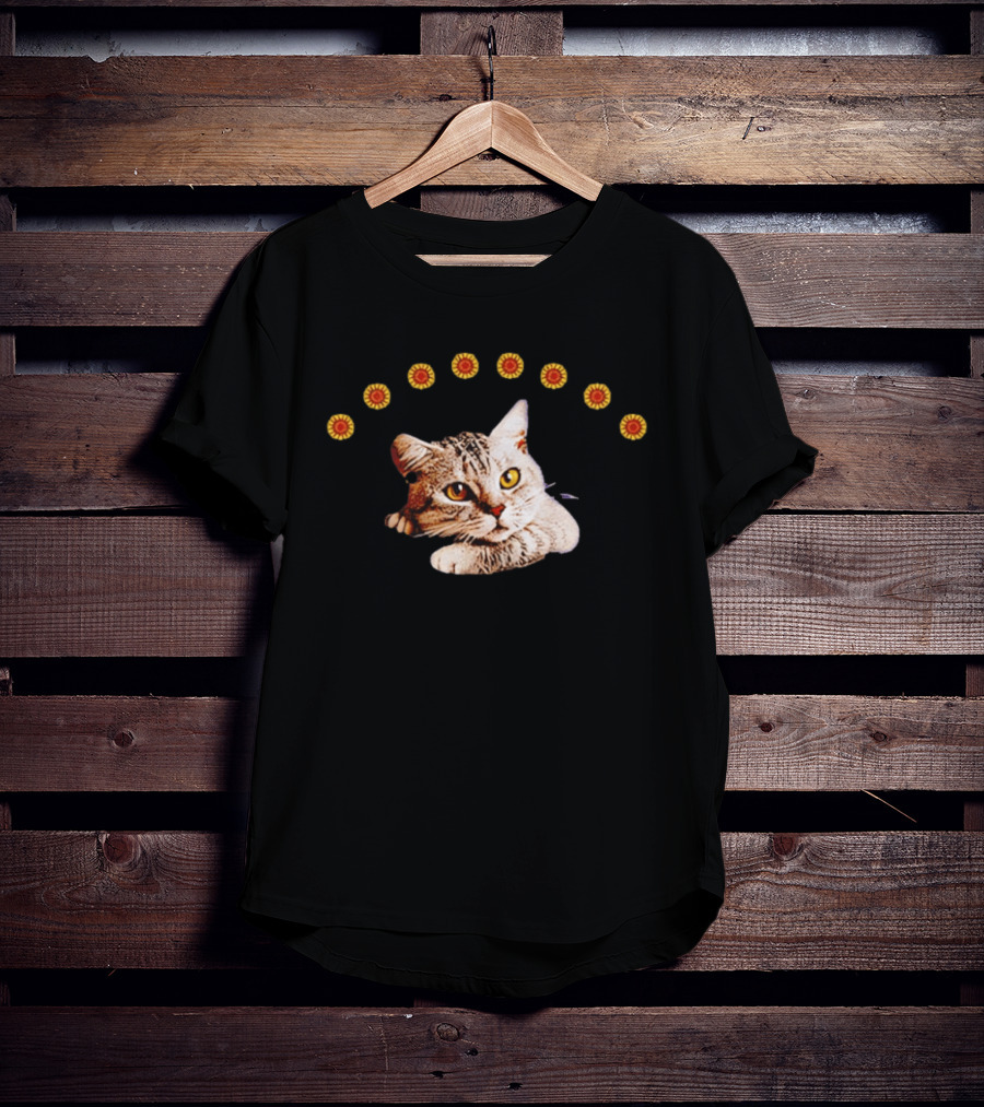 Sunflower Cat Whimsical Feline Surrounded By Flowers T-Shirt
