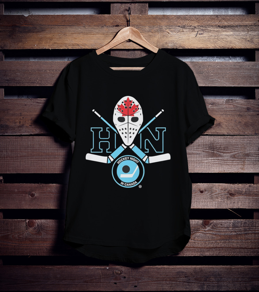 HN Hockey Night Canada Mask Crossed Sticks Maple Leaf Puck T-Shirt