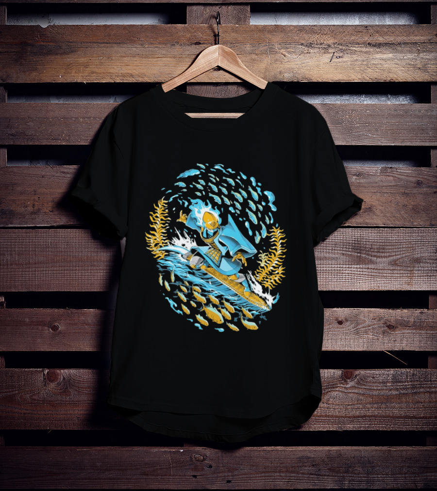 Sword Of The Sea Life Beneath The Waves Golden Samurai Surfer Wave Motion T-Shirt